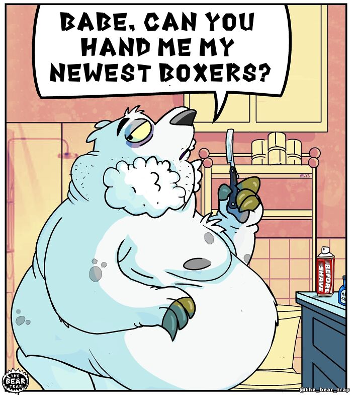 Hilarious animal comics: A large bear in a bathroom with shaving cream on his face, holding scissors, asking for new boxers.
