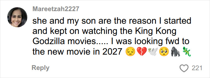 A comment from Mareetzah2227 mentioning King Kong Godzilla movies and sadness about a fatal crash. A comment from Mareetzah2227 mentioning King Kong Godzilla movies and sadness about a fatal crash.
