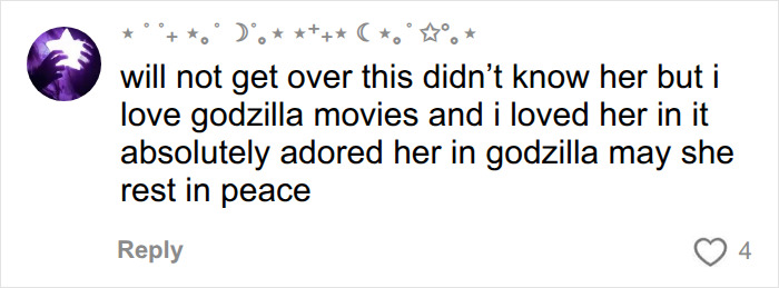 A social media comment expressing love for Godzilla actress Kaylee Hottle and wishing her to rest in peace after her fatal crash. A social media comment expressing love for Godzilla actress Kaylee Hottle and wishing her to rest in peace after her fatal crash.