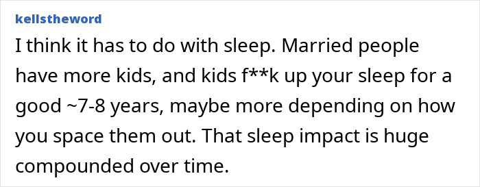 A comment linking children's impact on sleep to married people developing dementia over time.