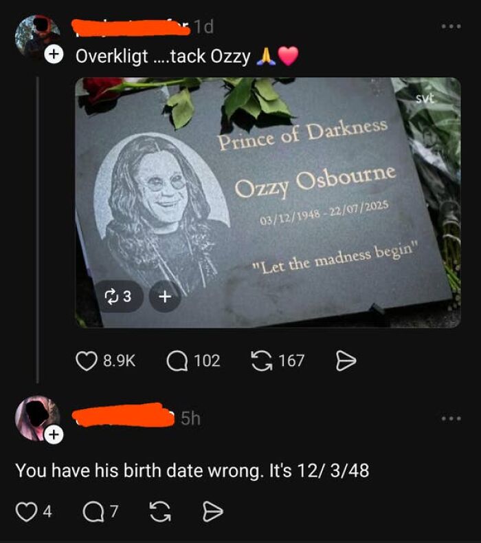 A screenshot showing an American confused about Ozzy Osbourne's birth date format on a tombstone, proving people from the US are confused.