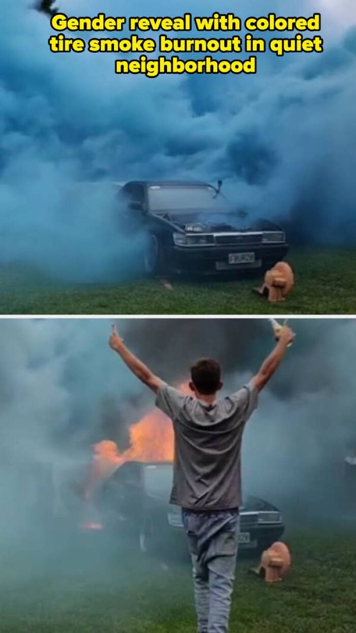 A gender reveal moment gone wrong with a car burning after a colored tire smoke burnout, judged by parents.