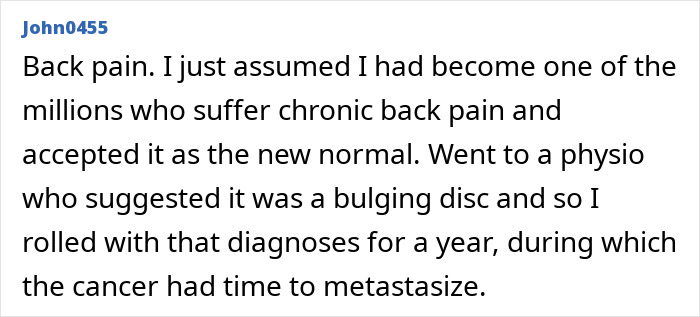A screenshot of text about cancer symptoms, detailing how back pain was dismissed as normal aging, delaying diagnosis. A screenshot of text about cancer symptoms, detailing how back pain was dismissed as normal aging, delaying diagnosis.