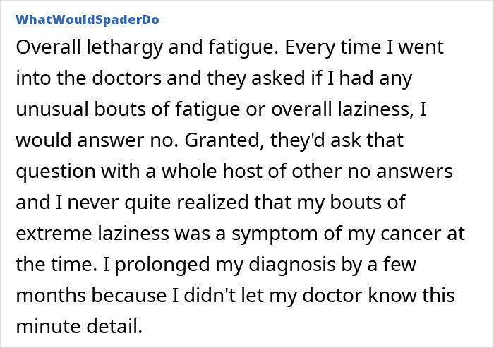 A screenshot of text about cancer symptoms, detailing how fatigue was dismissed as normal aging until diagnosis. A screenshot of text about cancer symptoms, detailing how fatigue was dismissed as normal aging until diagnosis.
