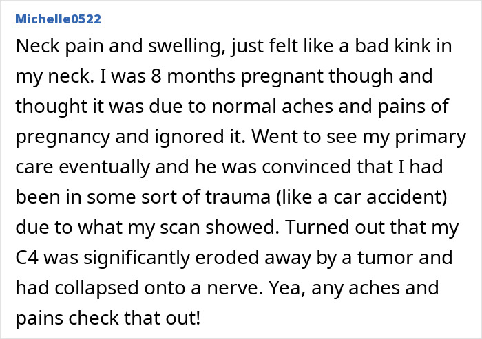 Screenshot of user Michelle0522 detailing overlooked cancer symptoms during pregnancy, mistaken for normal aging or stress. Screenshot of user Michelle0522 detailing overlooked cancer symptoms during pregnancy, mistaken for normal aging or stress.