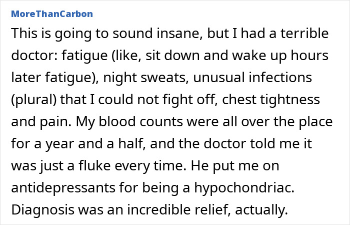 Screenshot of user MoreThanCarbon sharing their experience with dismissed cancer symptoms, mistaken for normal aging or stress. Screenshot of user MoreThanCarbon sharing their experience with dismissed cancer symptoms, mistaken for normal aging or stress.