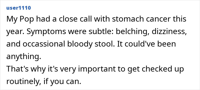 User1110 discusses subtle stomach cancer symptoms, like belching and dizziness, that were dismissed as normal. User1110 discusses subtle stomach cancer symptoms, like belching and dizziness, that were dismissed as normal.