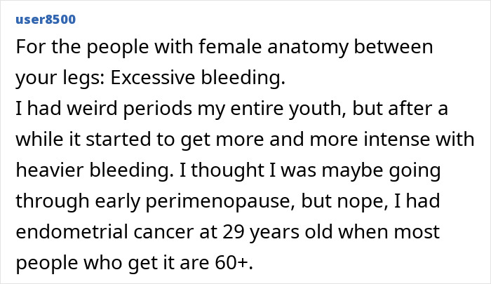 User describes excessive bleeding as a cancer symptom, initially dismissed as normal aging or stress, leading to endometrial cancer. User describes excessive bleeding as a cancer symptom, initially dismissed as normal aging or stress, leading to endometrial cancer.