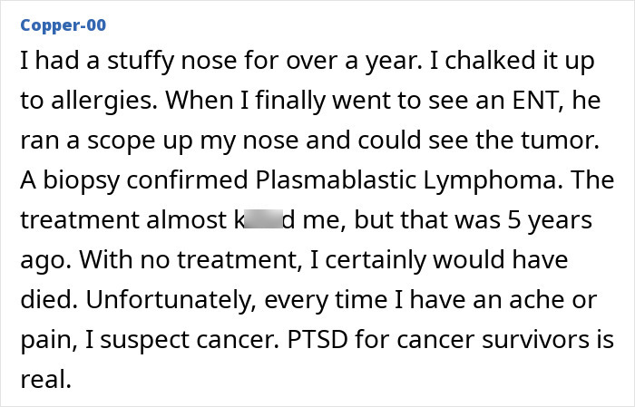 Story of a stuffy nose being a cancer symptom, dismissed as normal aging or stress, leading to a Plasmablastic Lymphoma diagnosis. Story of a stuffy nose being a cancer symptom, dismissed as normal aging or stress, leading to a Plasmablastic Lymphoma diagnosis.