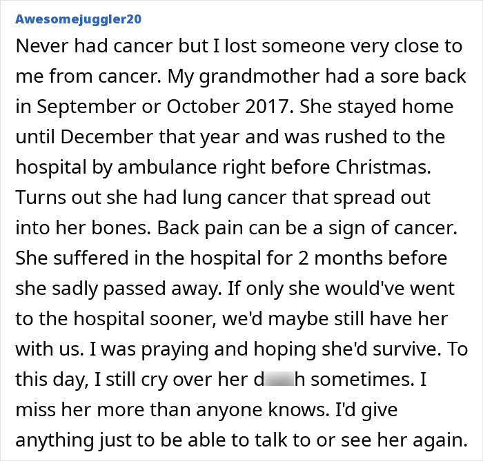 Personal account of a grandmother's back pain, a dismissed cancer symptom, leading to lung cancer, highlighting normal aging or stress. Personal account of a grandmother's back pain, a dismissed cancer symptom, leading to lung cancer, highlighting normal aging or stress.