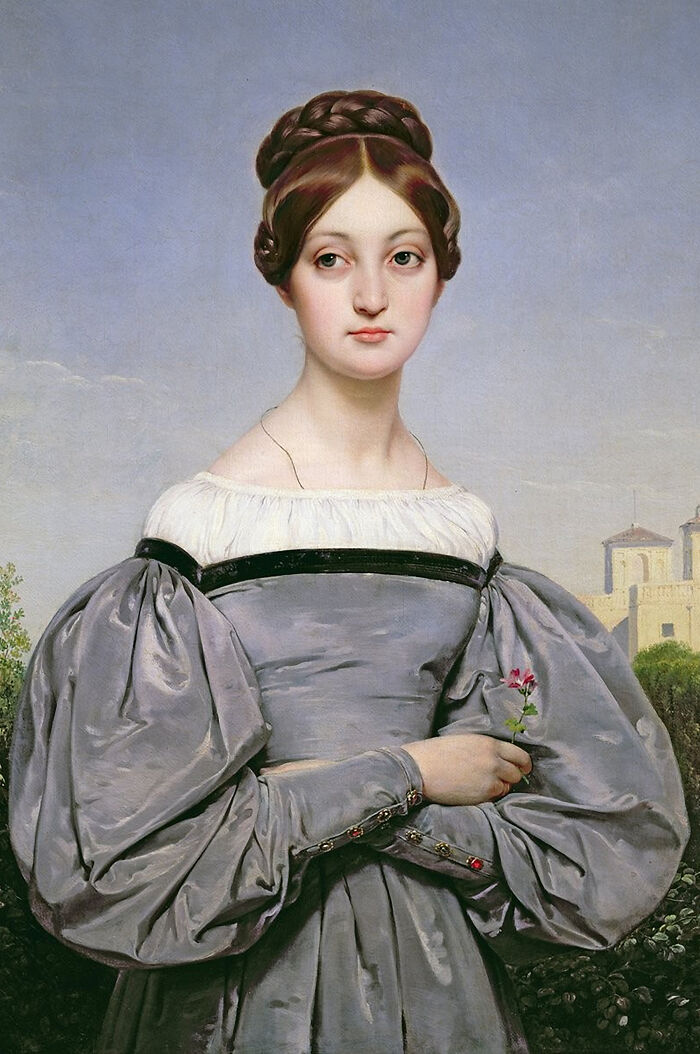 A masterpiece reimagined from behind: a painting of a woman in a grey dress with puffy sleeves standing in a bathtub.