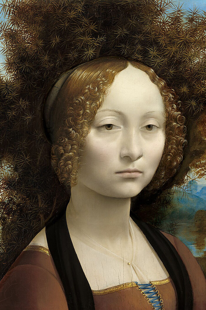 A reimagined masterpiece showing a woman from behind, with her elaborate hairstyle and a serene landscape.