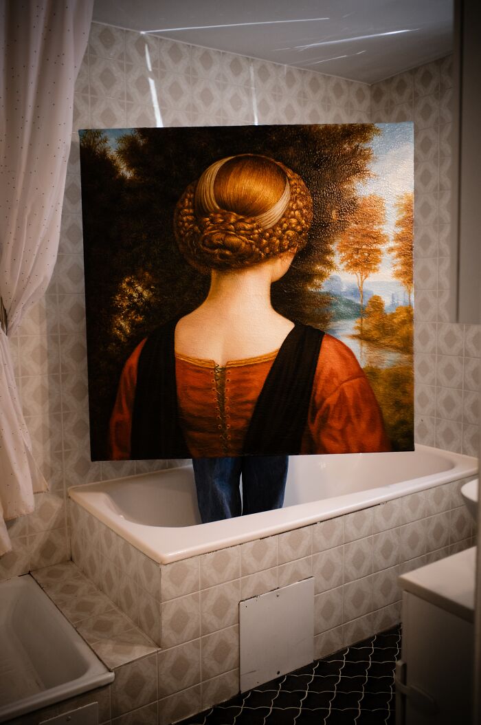 A reimagined masterpiece showing a woman from behind, with her elaborate hairstyle and a serene landscape.