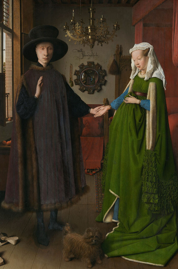 Artist reimagined a famous masterpiece from behind, depicting two figures and a small dog in an interior.