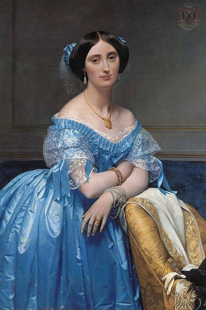 Artist reimagined a famous masterpiece from behind, featuring a woman in a blue gown with intricate hair.