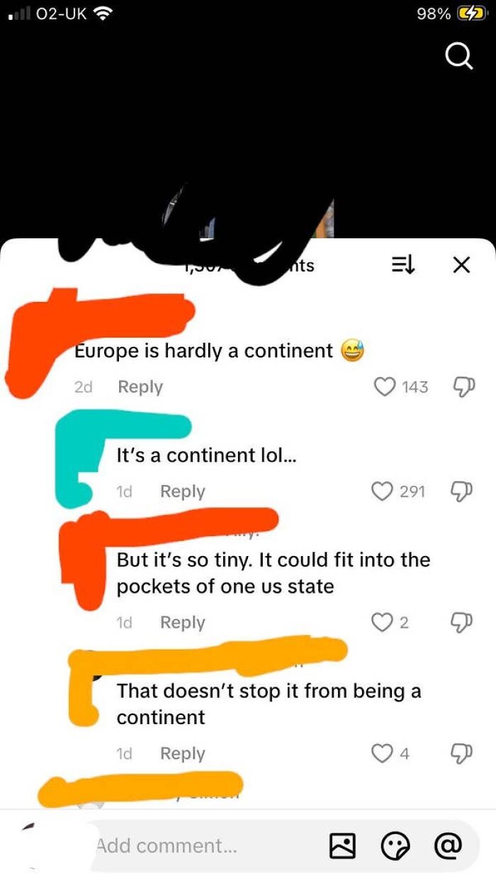 A screenshot showing confused Americans discussing if Europe is a continent and its size.