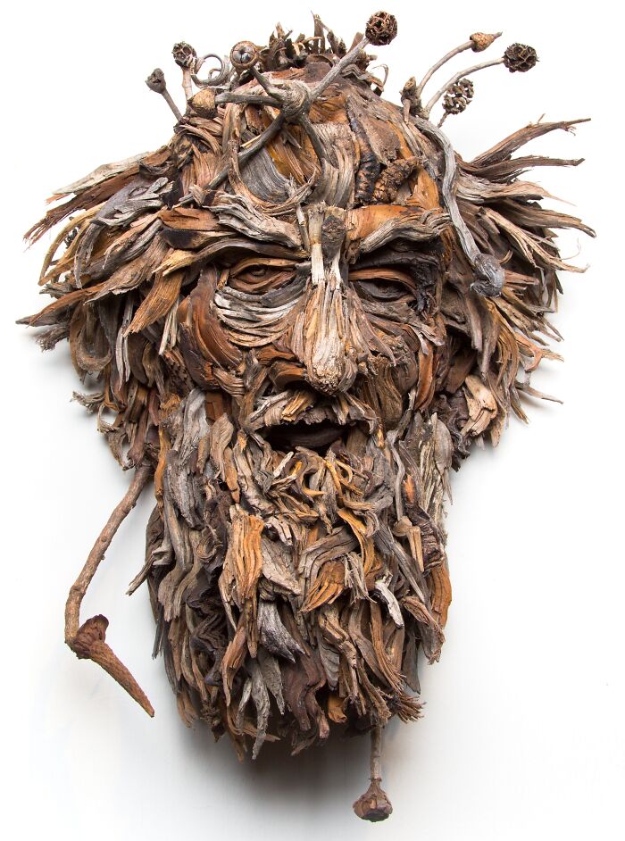 Detailed wood sculpture of a bearded face with natural elements, created from collected wood pieces.