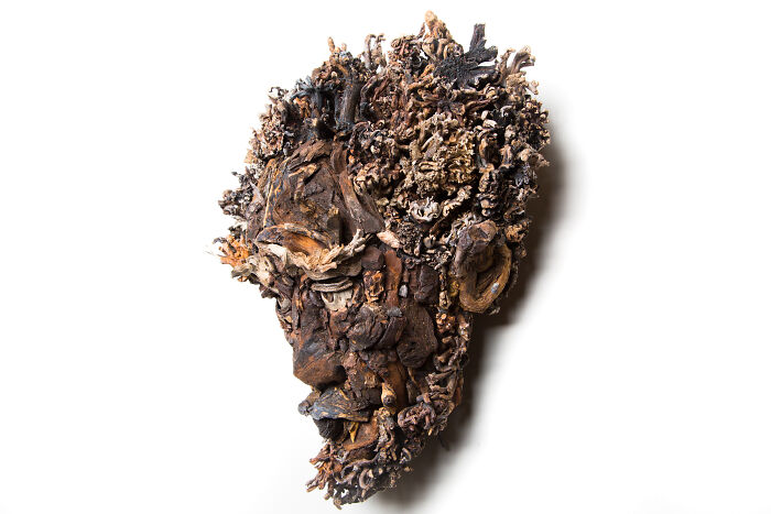 Profile view of a stunning wood sculpture depicting a face, expertly crafted from collected wood pieces.