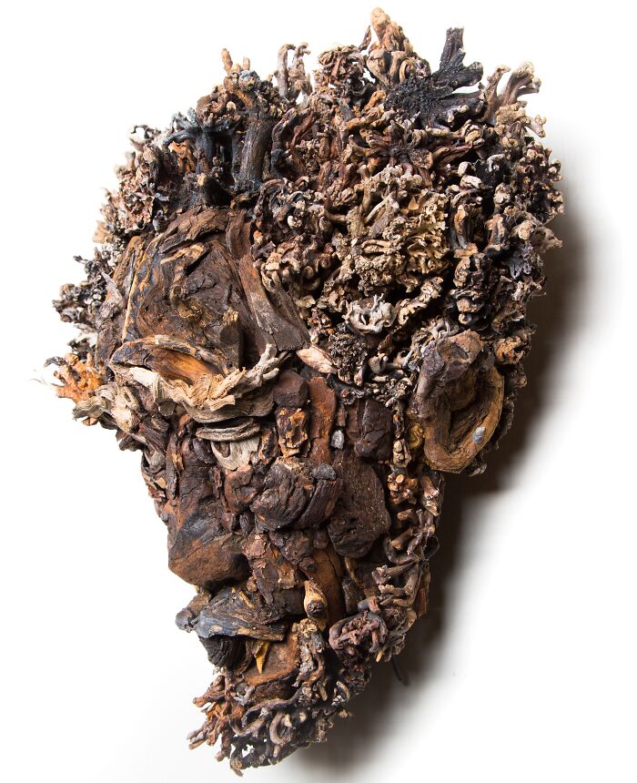 Profile view of a stunning wood sculpture depicting a face, expertly crafted from collected wood pieces.