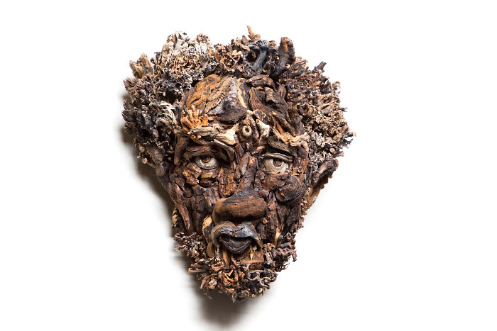 Detailed wood sculpture of a face with textured hair, created from various collected pieces of wood.