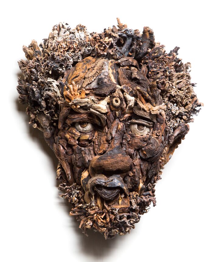 Detailed wood sculpture of a face with textured hair, created from various collected pieces of wood.
