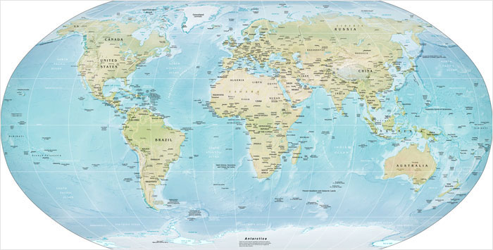 A detailed world map showcasing the actual scale of the continents and their geographical locations.