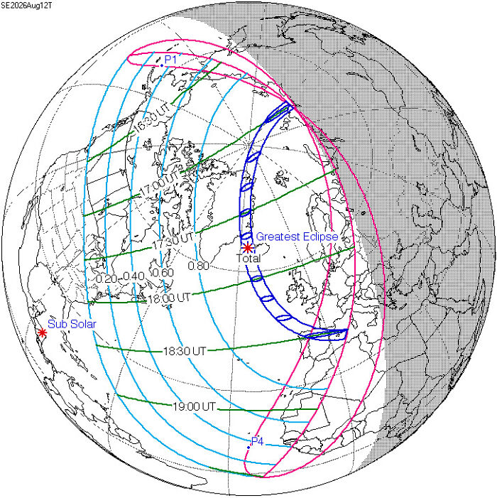 A global map showing paths and viewing spots for a total solar eclipse, highlighting the greatest eclipse location. A global map showing paths and viewing spots for a total solar eclipse, highlighting the greatest eclipse location.
