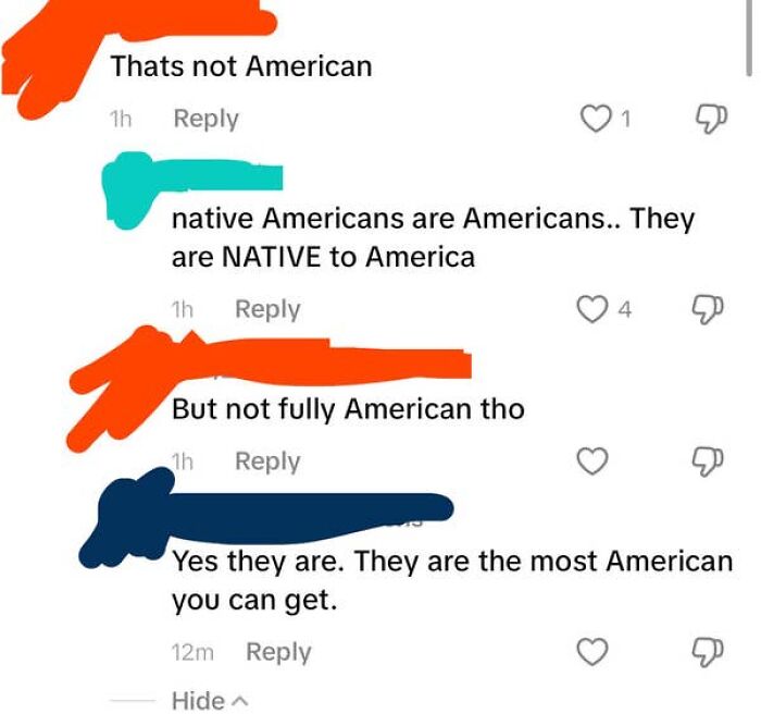 A screenshot of a comment section highlighting confusion about who is considered American.