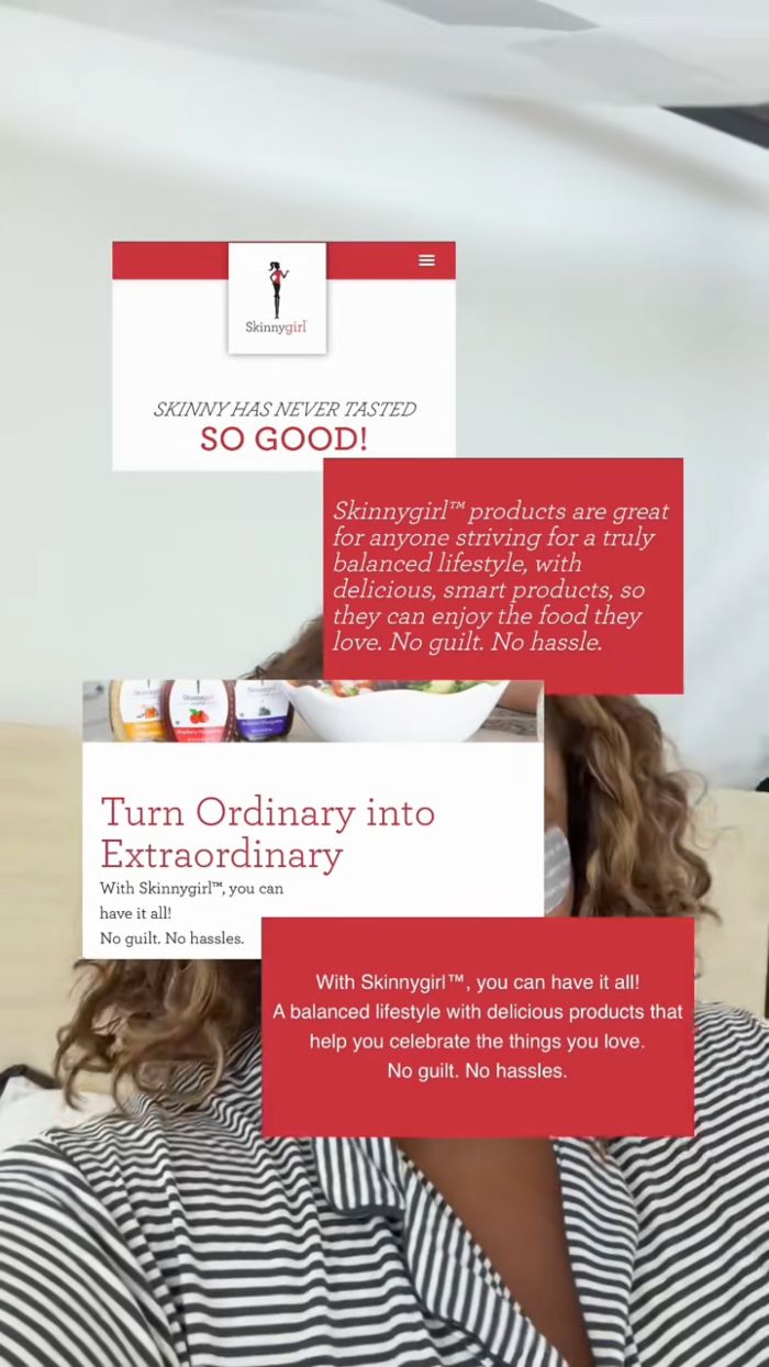 A plus size activist showing a Skinnygirl brand website with text about balanced lifestyle, calling out fatphobic brands. A plus size activist showing a Skinnygirl brand website with text about balanced lifestyle, calling out fatphobic brands.