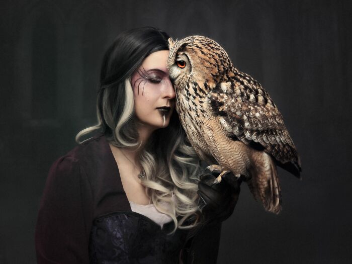 A woman with an owl perched on her arm, a captivating image from the International Pet Photography Awards.