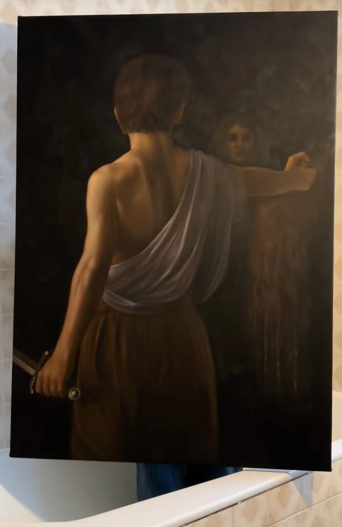 An artist reimagined a famous masterpiece from behind, showing a figure with a sword and a ghostly reflection.