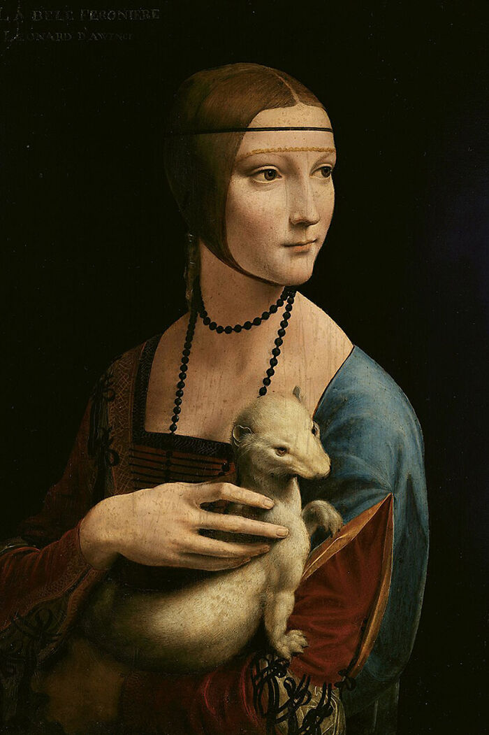 A masterpiece reimagined from behind: a painting of a woman in a red and blue dress holding an ermine, placed in a bathtub.