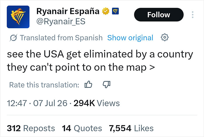 Screenshot of Ryanair tweet mocking USA World Cup elimination by a country they can't point to on a map. Screenshot of Ryanair tweet mocking USA World Cup elimination by a country they can't point to on a map.