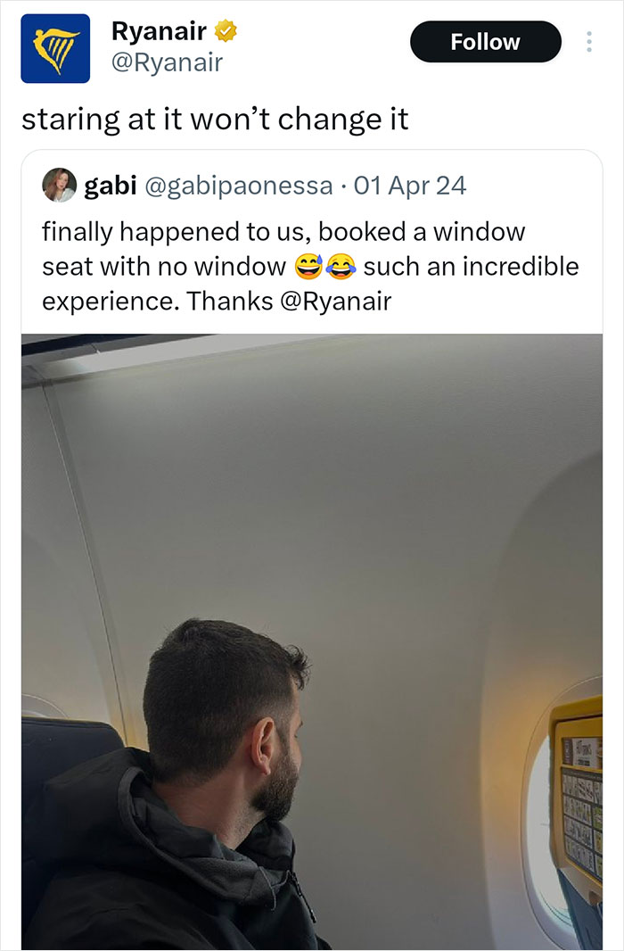 Ryanair's savage post about a passenger's windowless seat experience, unrelated to World Cup elimination. Ryanair's savage post about a passenger's windowless seat experience, unrelated to World Cup elimination.