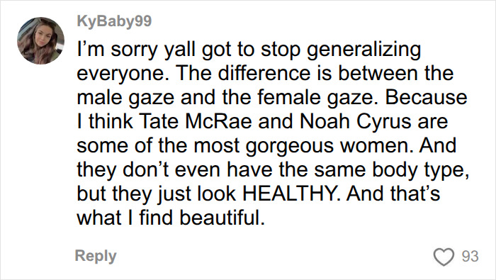 A comment from KyBaby99 on SkinnyTok trend, discussing Tate McRae and Noah Cyrus against online trolls. A comment from KyBaby99 on SkinnyTok trend, discussing Tate McRae and Noah Cyrus against online trolls.