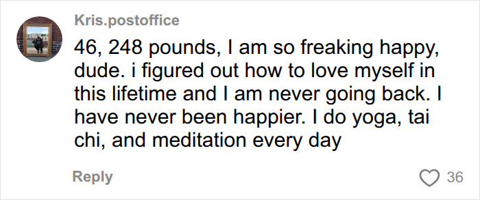 A social media comment from Kris.postoffice about self-love and yoga amidst the SkinnyTok trend concerns. A social media comment from Kris.postoffice about self-love and yoga amidst the SkinnyTok trend concerns.