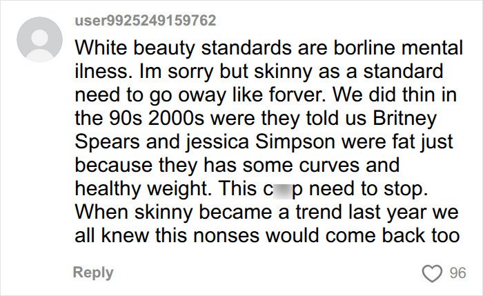 A social media user comments on the SkinnyTok trend, stating that skinny as a standard needs to go away and criticizing white beauty standards. A social media user comments on the SkinnyTok trend, stating that skinny as a standard needs to go away and criticizing white beauty standards.