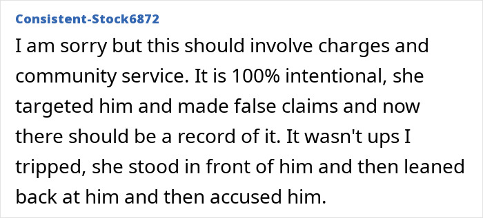 A comment by Consistent-Stock6872 detailing the woman's intentional scheme to accuse a man and suggesting charges and community service. A comment by Consistent-Stock6872 detailing the woman's intentional scheme to accuse a man and suggesting charges and community service.