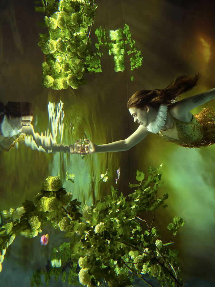 Surreal photos of a person in a ruffled white collar and golden dress, swimming underwater among green plants.