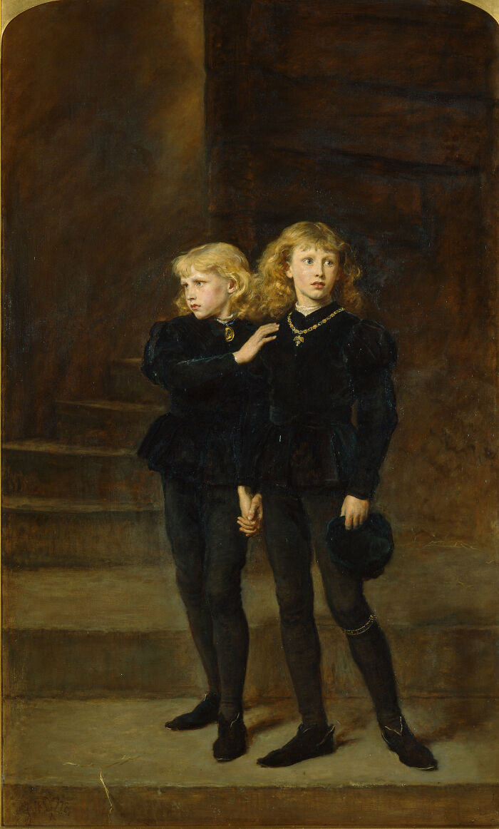 An oil painting depicting two young boys in dark clothing, standing together, with a sense of mystery in their expressions.