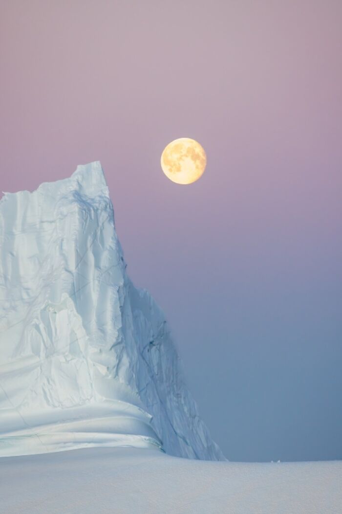 A stunning color photo capturing the world: a full moon hovering over a majestic iceberg in a purple and pink sky.