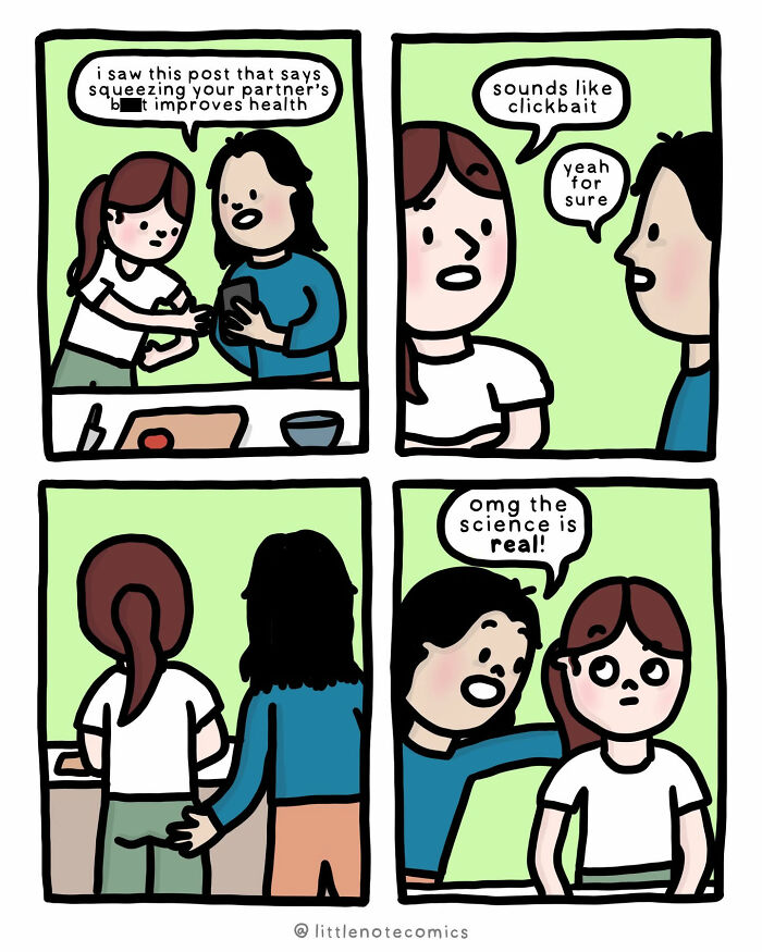 Artist illustrates relationship quirks in comics about squeezing your partner and improving health.