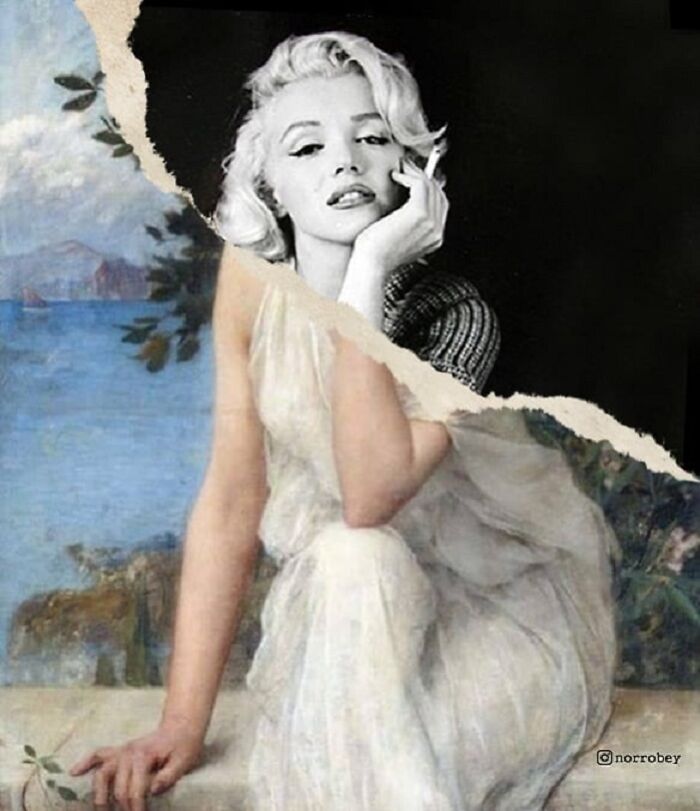 Digital artist blends famous movies with classical art featuring Marilyn Monroe and a ripped canvas.