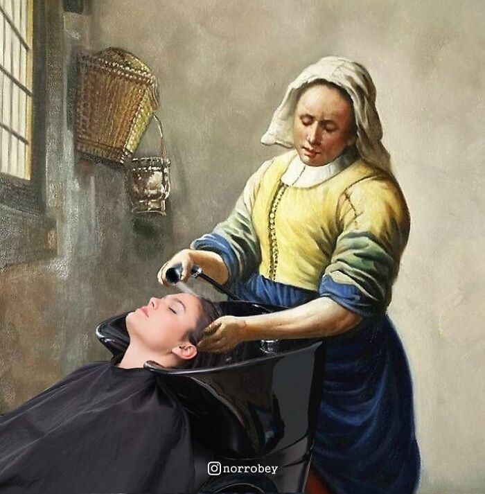Digital artist blends famous movies with classical art featuring a woman washing hair in classical painting.