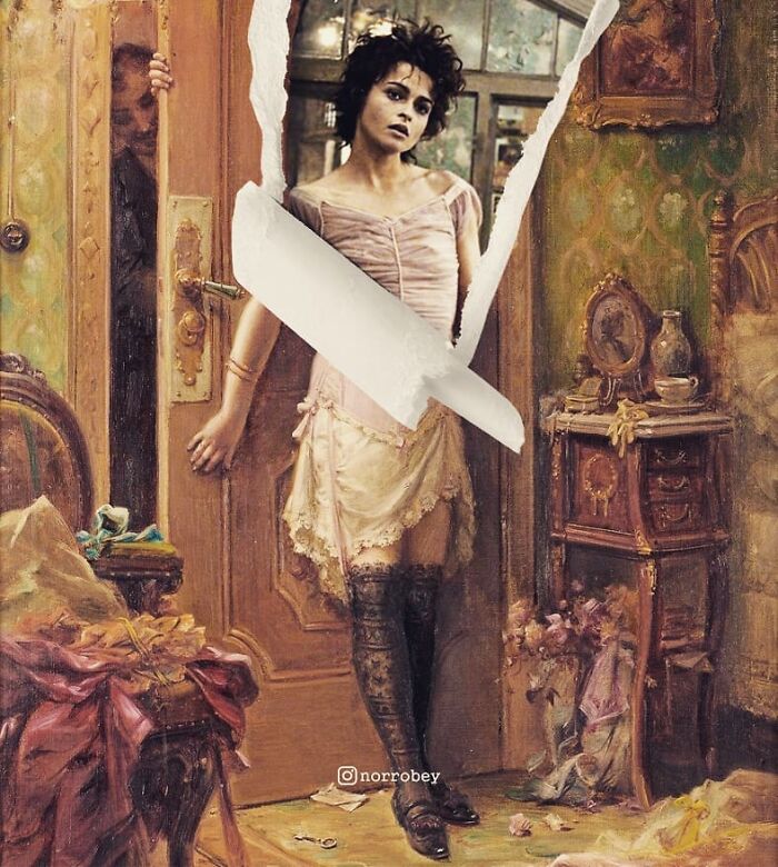 Digital artist blends famous movies with classical art, showing a woman in lingerie in a torn classic painting.