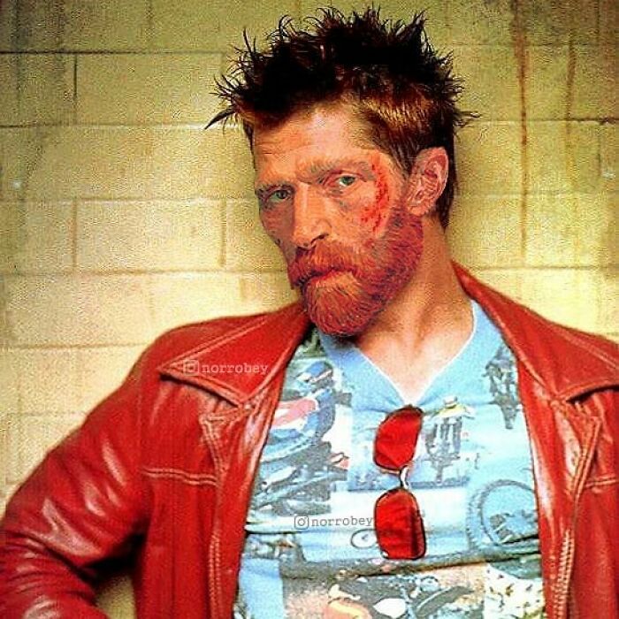 Digital artist blends famous movies with classical art, depicting Willem Dafoe as Tyler Durden from Fight Club, with red hair and a beard, a clever mashup.