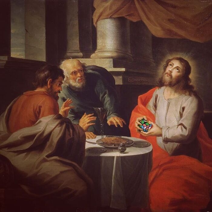 Digital artist blends famous movies with classical art, depicting Jesus solving a Rubik's cube during a meal with two other men, a clever mashup.