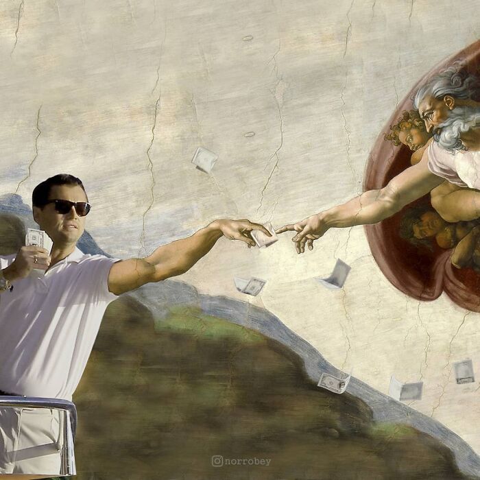 Digital artist blends famous movies with classical art, depicting Leonardo DiCaprio as Jordan Belfort interacting with God's hand in The Creation of Adam, surrounded by money.