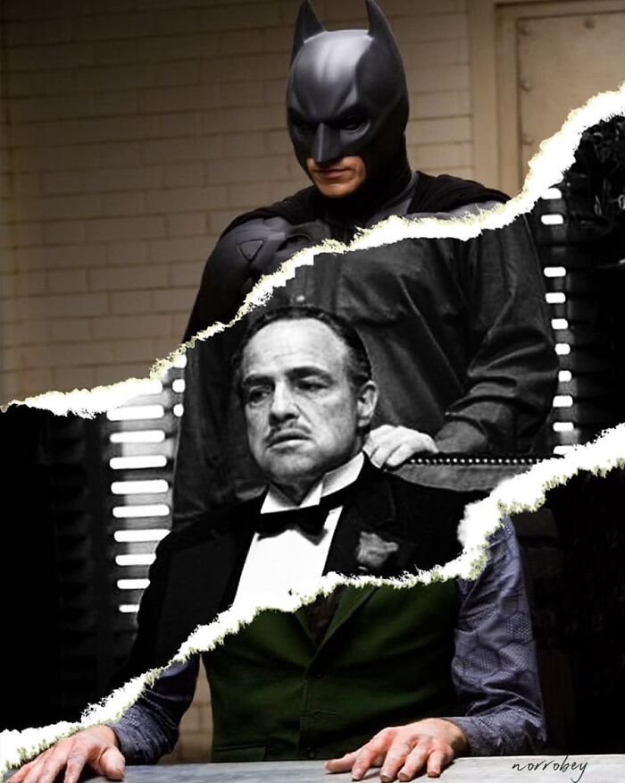 Digital artist blends famous movies with classical art, showing Batman behind a figure resembling The Godfather.