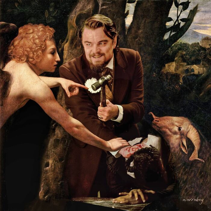 Digital artist blends famous movies with classical art, featuring Leonardo DiCaprio hammering a figure.